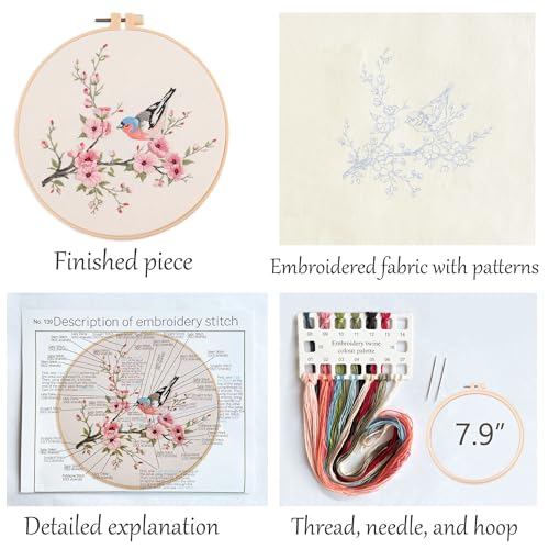 Silentsea Bird & Pink Blossoms Embroidery Kit – All-Inclusive DIY Cross Stitch Set with Pre-Printed Fabric, Threads, Needle, and Hoop for Adults – Perfect for Craft Lovers & Relaxation - color: Bird