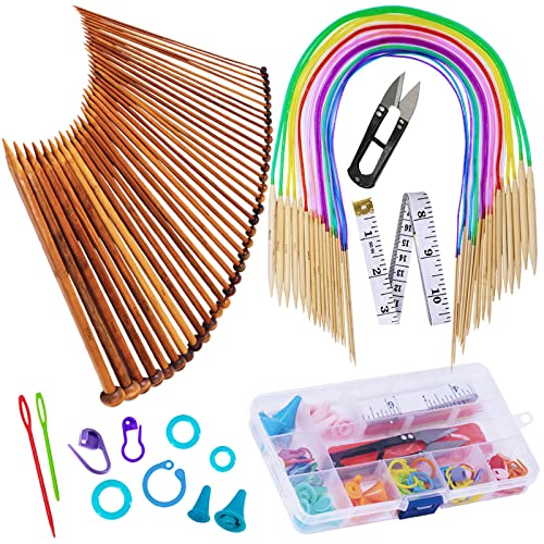 Exquiss Bamboo Knitting Needles Set, 18 Pairs Circular(31.5”) Wooden Knitting Needles with Colored Plastic Tube, 36PCS Single Pointed Bamboo Knitting Needle(9.5”), Include Knitting Tools for Weaving