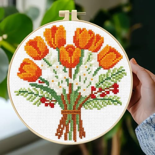 Zhenqing Orange Tulip Bouquet Cross Stitch Kit for Beginners - Complete Set with Pre-Printed 11CT 24x24cm Fabric, Hoop & Threads(70359) - color: 70359
