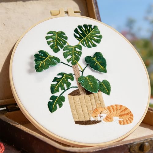 Monstera Embroidery Kits for Beginners Adults, Cat Hand Embroidery Kits, Potted Plant Cross Stitch Kits for Beginners DIY Craft Kits for Adult Women, Entire Set of Embroidery Supplies & Video Tutorial - color: H1068, size: 8Inch