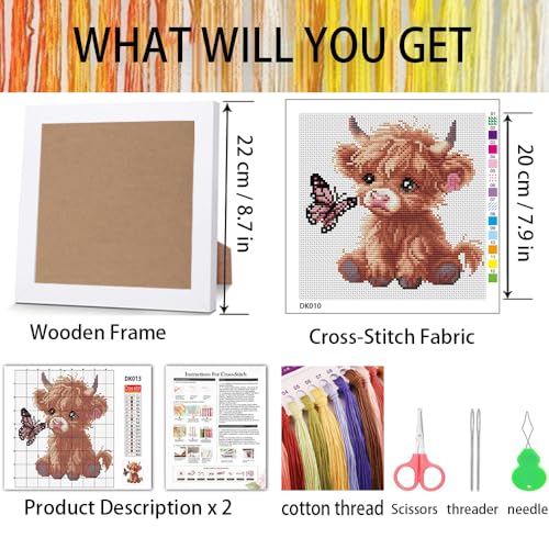 Cattle Stamped Cross Stitch Kits for Adult Beginner with Wooden Frame - color: Highland Cattle