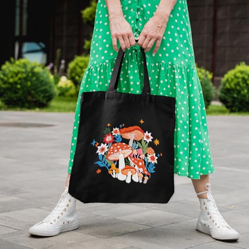 Louise Maelys Embroidery Kit Canvas Tote Bag with Mushroom Floral Pattern - color: mushroom art