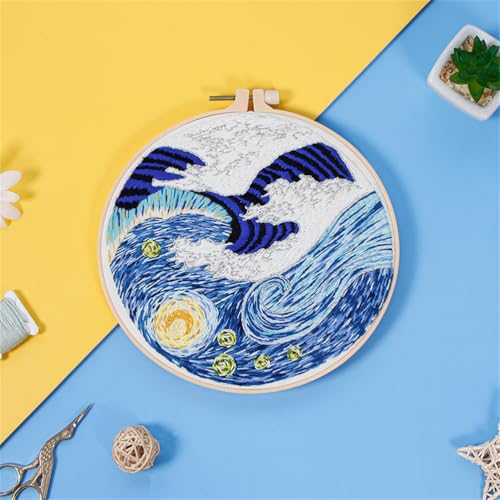Meecaa Starry Sky Abstract Landscape Embroidery Kit Starter Set, Hand Embroidery Set,Pattern Printed Cross Stitch Set for Beginner Adults, with Embroidery Hoop and Instructions (Starry Sky 2) - color: Starry Sky 2
