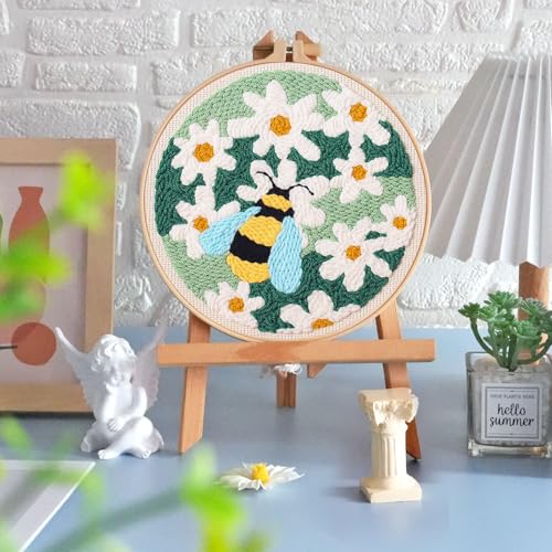 KESTAR Punch Needle Embroidery Starter Kits, Bee and Daisy Flower Punch Needle Kits for Adults Beginner, Needle Punch Kit Tool with Instruction Threader Fabric Yarns and Hoop - color: Yellow Bee