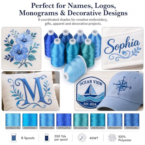 Simthread 8 Shades 550Yds Each 40WT Polyester Embroidery Thread Blue Set - color: 550YBlueMadeira