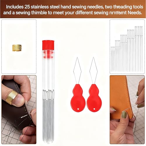25PCS Large Eye Sewing Needles, 5 Sizes Steel Needles for Hand Sewing, Leather Needles, Stainless Steel Yarn Knitting Needles with Threaders for Handsewing Art Crafts