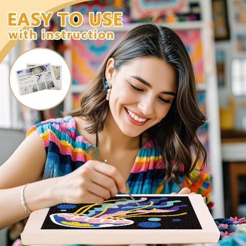 DOODLREAM Color Jellyfish Needle Kit for Beginner, 9.4"x 9.4" Marine Life Punch Stitching Craft Set, Color DIY Embroidery Starter with Printed Frame, Instruction, Threader, Yarn, Pinch Needle - color: Jellyfish