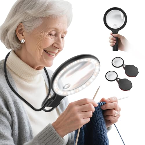 Neck Wear Magnifying Glass with Light for Close Work, 5.5 Inch 5X Handheld Lighted Magnifier for Reading Books, Included 2PCS Upgrade 10X Small Magnify Glasses with Protective Sheath