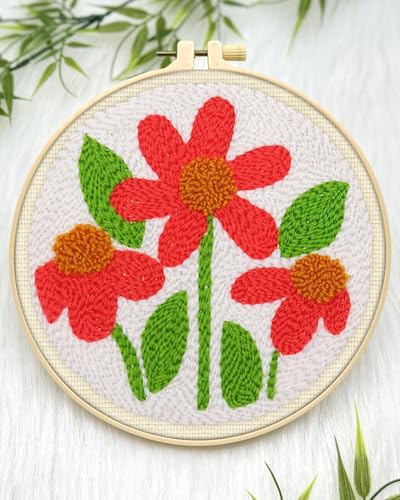 ERKOON Punch Needle Kit Adults Beginners, 2 Pcs DIY Easy Flower Embroidery Set for Starter Art Craft, Needling Punching Project with Patterns, Tools, Yarns, Hoop, Instruction (Safflower) - color: Safflower