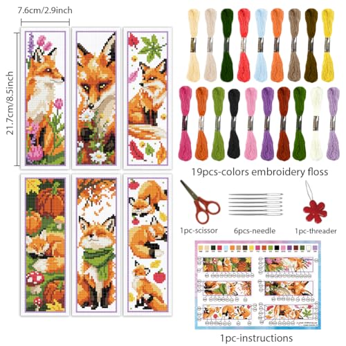 INFUNLY 6pcs Fox Cross Stitch Bookmark Kit for Beginners DIY Leaf Flower Stamped Embroidery Bookmark Kits Pumpkins Needlepoint Kit with Instruction Animal Easy Cross Stitch Set for Book Lovers Readers - style: Fox