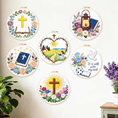 BEUNITONE 6PCS Bible Cross Pattern Embroidery Starter Kit, Hand Embroidery Kits for Adults Beginners Include Hoop Needles Threads and Instruction, Funny Needlepoint Craft Kits for Gifts and Home Decor - style: Bible