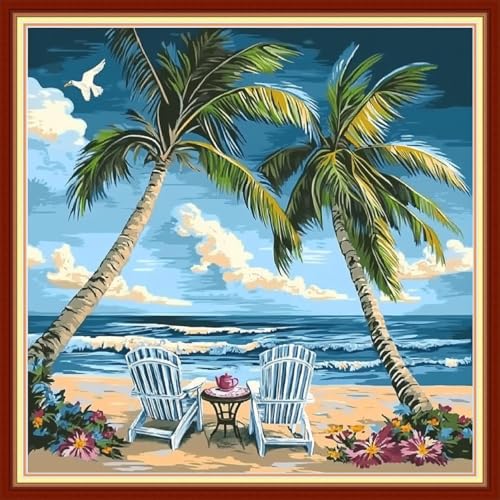 Redxing Stamped Cross Stitch Kits Embroidery kit for Beginners Adults Full Range of Embroidery Patterns Starter Kits DIY Printed Cross Stitch Kits Needlepoint Kits 11CT-Drink Tea Seaside 18x18 inchs - color: Artskits18