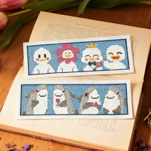 INFUNLY 6PCS Horizontal Animals Cross Stitch Bookmarks Kits 3×8.5inch Brave Penguin Stamped Embroidery Bookmark Set Pets Cats Dogs Needlepoint Bookmark Kit with Instruction for Book Lovers Writer - style: Horizontal Animals