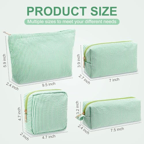 Sanwuta 4 Pcs Seersucker Pouch Striped Makeup Bag Set, Green - color: Green