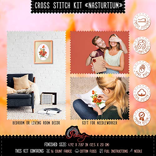 Povitrulya Summer Flowers Cross Stitch Kit 'Nasturtium' - Floral DIY Embroidery Set for Adults with Paper Pattern and Prestored Floss - color: Nasturtium