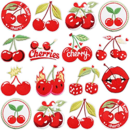 16pcs Cherry Iron/Sew on Patches, Cute Sweet Embroidered Applique, Red Decoration for Clothes, Hat, Bag, Jeans, Dress, Shirt - color: 16pcs Cherry