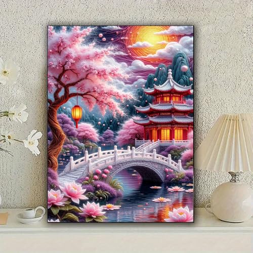 KUFWKEY Landscape DIY Diamond Painting Kit, Japanese Garden Scene Diamond Art Kits for Adults,5D Full Round Drill Diamond Mosaic Kits,DIY Diamond Dots for Beginners,12x16 inch - color: AM301
