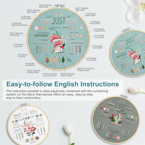 3 Sets Embroidery Kit for Beginners to Learn 36 Basic Embroidery Stitches Practice Kit,Hand Embroidery Cross Stitch Kits for Beginners with Embroidery Patterns, Hoop,Threads,Tools