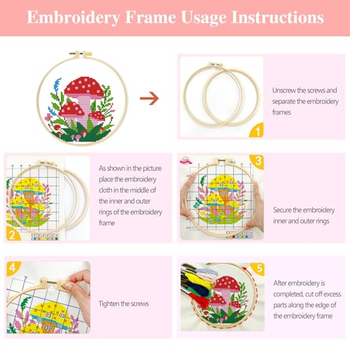 Zhenqing 4 Mushroom Cross Stitch Kit, 11CT Printed Fabric with Hoop - color: 4 mushroom kit
