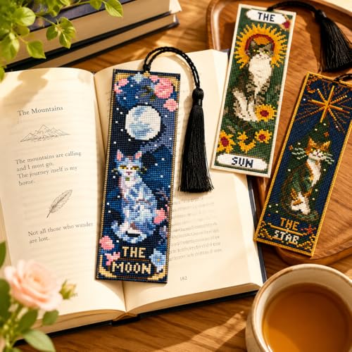 NEGEKFKX 5 Pcs Tarot Cat Cross Stitch Bookmark Kit for Adult Beginners - color: Cross stitch bookmark-18
