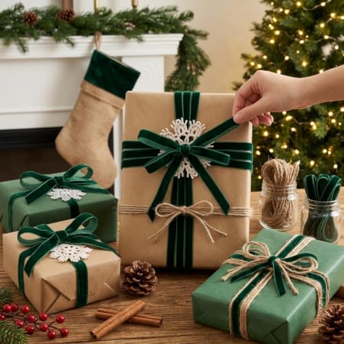 IDONGCAI Velvet Ribbon, Jute Twine & Lace Snowflake Craft Kit - color: Dark green