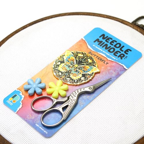 Awesome Pattern Studio Needle Minder Set – Butterfly Magnetic Needle Minder + 2 Needle Threaders + Crane Scissors. Enamel Pin for Cross Stitch, Embroidery and Craft - size: Butterfly Set #2