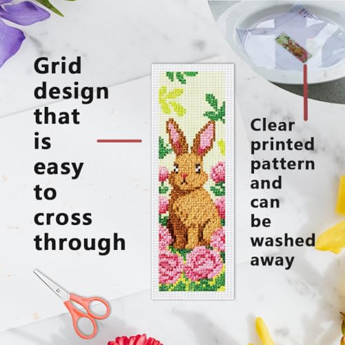 INFUNLY 6 Set Brown Rabbit DIY Cross Stitch Bookmark Kits for Adults Flowers Counted Cross Stitch Kit with Instructions Bunny Stamped Embroidery Bookmark Kit for Book Lovers Readers Gift - style: Rabbit