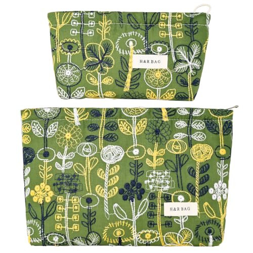 Embroidered Floral Makeup Pouch Green Linen Cosmetic Bag Zipper Purse - color: Green Streamlined Wildflower