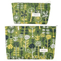 Embroidered Floral Makeup Pouch Green Linen Cosmetic Bag Zipper Purse - color: Green Streamlined Wildflower