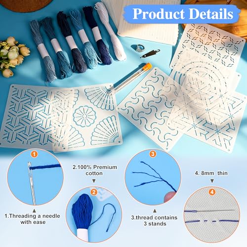 46 Pcs Sashiko Thread Kit - Skeins Blue Sashiko Thread，Sashiko Needles，Sashiko Patterns,Embroidery Projects for Sewing Hand Quilting Mending Supplies - color: blue