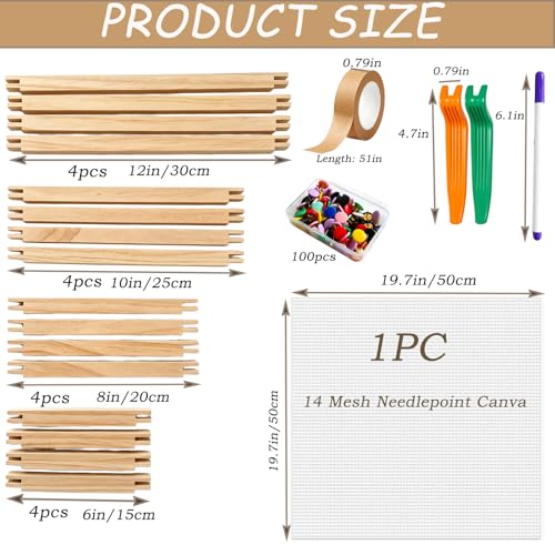 16 pcs Needlepoint Stretcher Bars Set, Wooden Stretcher Bars for Needlework Embroidery Stitch Frame Set for Crafts Art Cross Stitch Supplies with Thumb Tacks,Tacks Remover,Masking Tape,Maker