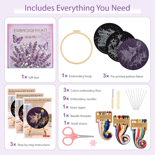 Uniartfy 3 Sets Hand Embroidery Starter Kits for Beginners Adults, Goldfish Stamped Cross Stitch Kit, DIY Needlepoint Kit with Cloth, Hoop,Threads and Instruction, Easy to Learn Embroidery Starter Kit - color: Embroidery Kit-N
