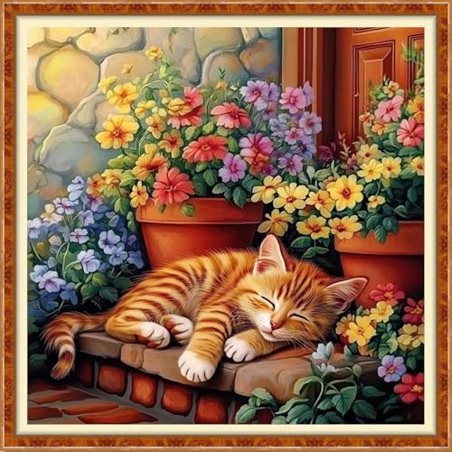 Funchey Counted Cross Stitch Kits for Adults Needlepoint Kits Unprinted Cross Stitching Embroidery Kit 11CT Cross Stitch Supplies- Flower Cat 18x18 inch - color: Artcolor11