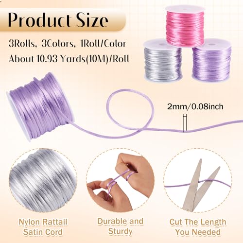Elecrelive 30 Yards Rattail Cord Silk Rope 2mm Nylon String for Bracelets - color: Pink Purple