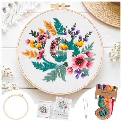 Zerzsy 7.87 '' Embroidery Kits Plant Flower Leaf English Letter Patterns for Beginners Adults, Easy to Learn Cross Stitch Kit for Home Office Decor - color: Letter G