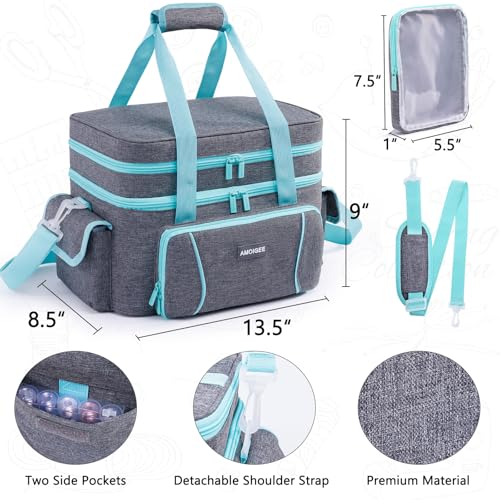 Double-Layer Sewing Organizer Bag with 2 Detachable Pouches and Dividers - color: Grey, size: L-13.5"