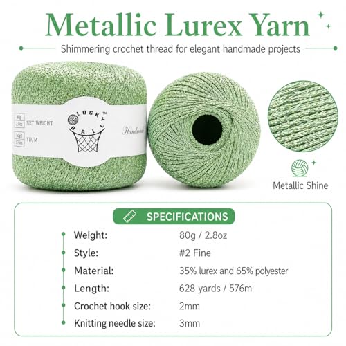 2PCS Metallic Crochet Thread Yarn for Crocheting,Lurex Thread Round Band Yarn with Sparkle Shine for Clothes, Car Charm, Keychain Charm(Light Green) - color: 04