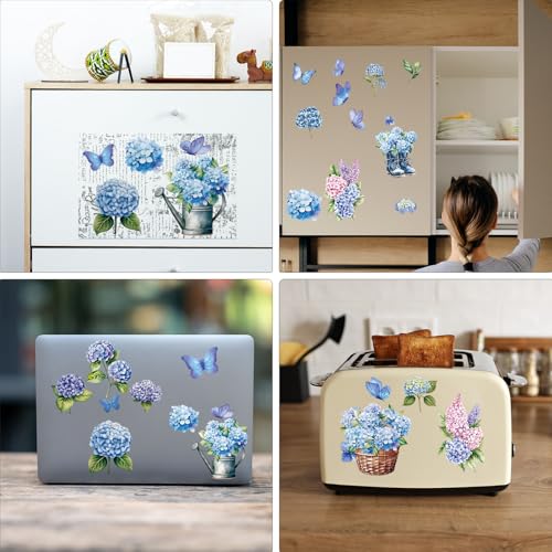 6 Sheets Vintage Floral Rub on Transfers, Blue Blooming Hydrangeas Rub on Transfer for Crafts and Furniture, Flowers Butterflies Stickers Decal for DIY Wood Furniture Wall Office Decor 11.8 x 7.9 Inch