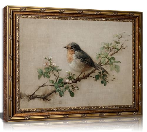 Gold Framed Vintage Robin Bird Canvas Wall Art Farmhouse Cottage Neutral Bird Paintings Pictures Wall Decor Posters Prints Artwork for Bedroom Office Gallery Home Decoration - color: Robin, size: 16"L x 12"W