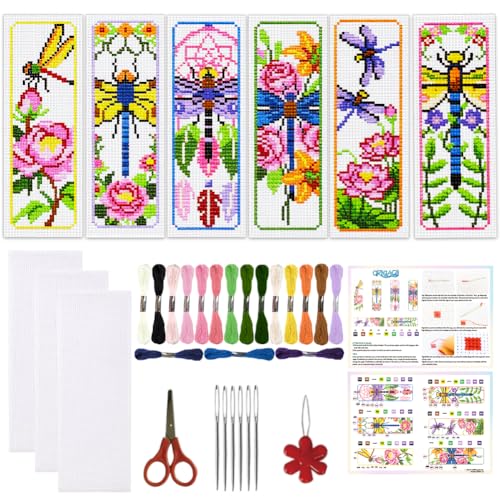 ORIGACH 6 Set Dragonfly & Flower Cross Stitch Bookmark Kit for Beginner - style: Dragonfly & Flower