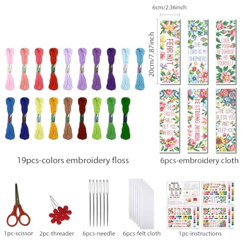 FREEBLOSS 6 Set Cross Stitch Bookmark Kits Flowers Pattern with Inspirational Words Stamped Cross Stitch Kit 11CT Embroidery Kit with Instructions for Beginners 20x6cm/8x2.4inch