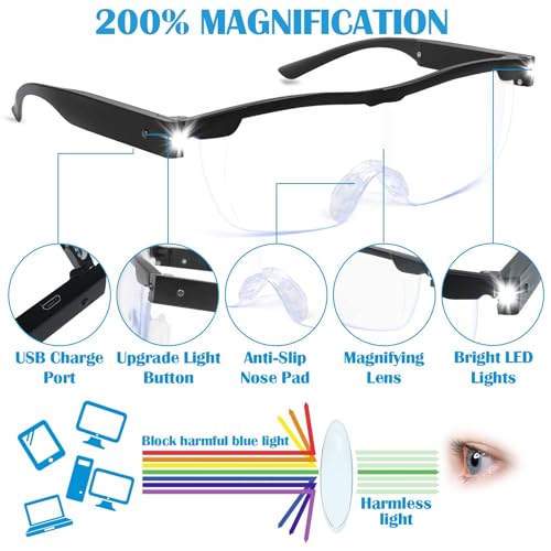 Magnifying Glasses with Light, 200% Magnification, USB Rechargeable - color: Black