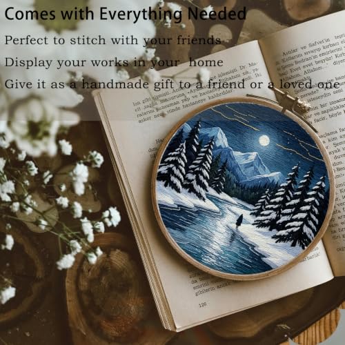FONNUY Embroidery Kit for Beginners, Boho Nature Landscape Pre-Stamped Pattern Kits for Adults with Hoop, Easy to Follow Color Thread Needlework, 8'' Hoop (Winter Night) - color: Winter Night