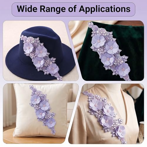 3D Flower Embroidery Beaded Applique Rhinestone Lace Patch Purple - color: Purple
