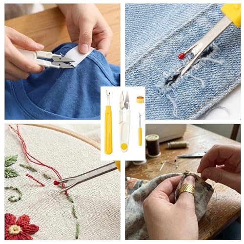 Seam Ripper for Sewing 4-Pc Set, Large and Small Stitch Ripper with Thread Snips, Ergonomic Thread Remover Tool with Metal Thimble for Embroidery, Quilting, Hemming