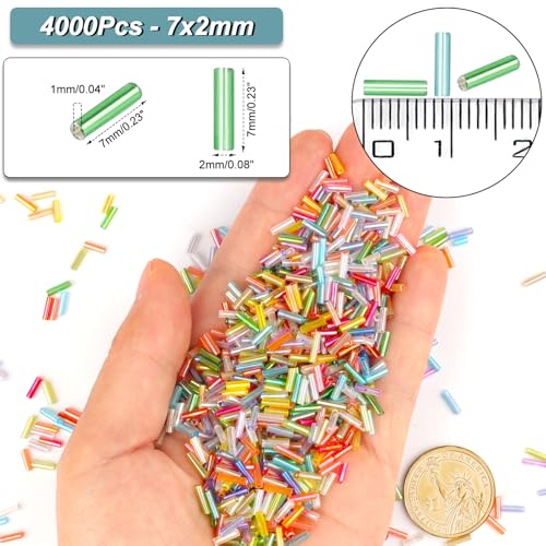 4000 Pcs Rainbow Mix Glass Bugle Beads, 2 x 7 mm Embroidery Beads, Small Long Tube Seed Beads for Embroidery Craft Jewelry Making - color: Rainbow Mix
