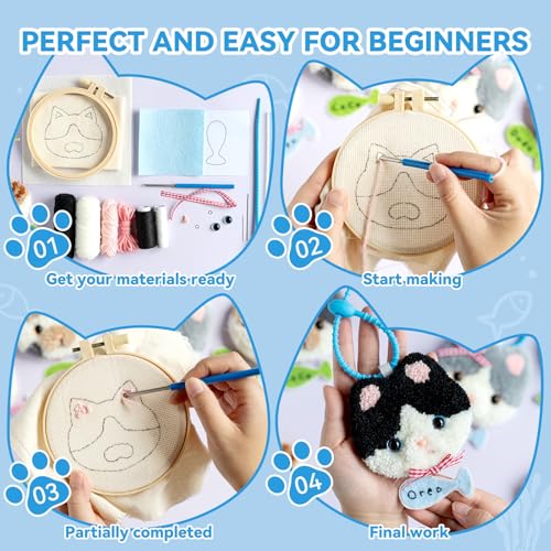 Punch Needle kit Adults for Beginners-4,Embroidery kit for Beginners, Includes All Tools and Materials,Easy to Follow Instructions and Videos-Cat Family - color: Cat Family