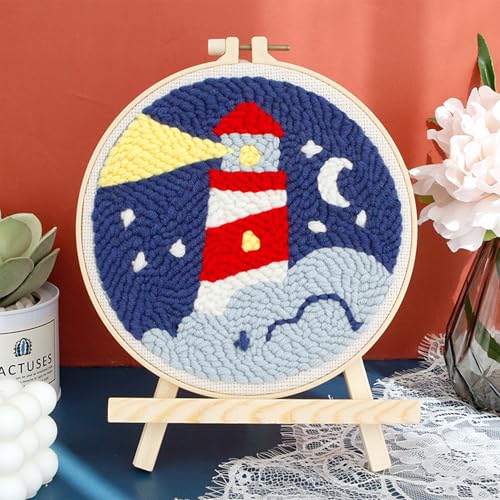 Woohome Punch Needle Kit Included Plastic Hoops, Punch Needle Cloth, Color Yarn and Punch Needle Tools for Adults, Beginners (Lighthouse and Sunset) - color: Color 27