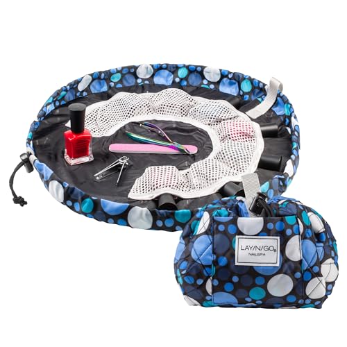 Lay-n-Go NailSpa Drawstring Cosmetic Bag - Portable Nail Supplies Organizer Bag w/ 8 Elastic Mesh Pockets & Circular Center - Durable, Machine Washable Nail Kit Organizer (18", Blue Polka Dot) - color: Dot Calm (Blue)