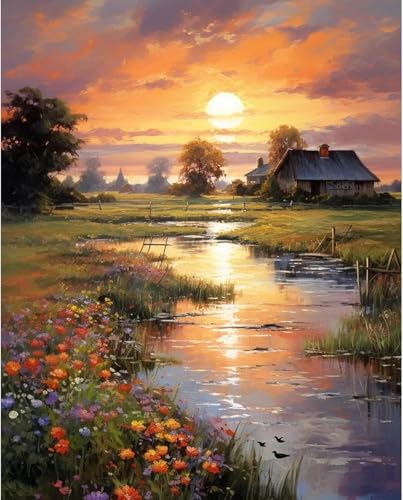Eiazuiks Stamping Cross Stitch Kit, Sunset Counting Cross Stitch Kit for Adult Beginners, Full Line DIYStitching Kit for Home Decor Cross Stitch Patterns 12x16 inches - color: AKW084
